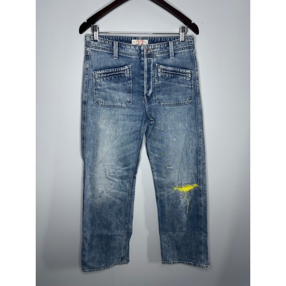 We The Free Straight Leg Jeans Women 27 Blue GOOD Mended Patch Pocket Distressed